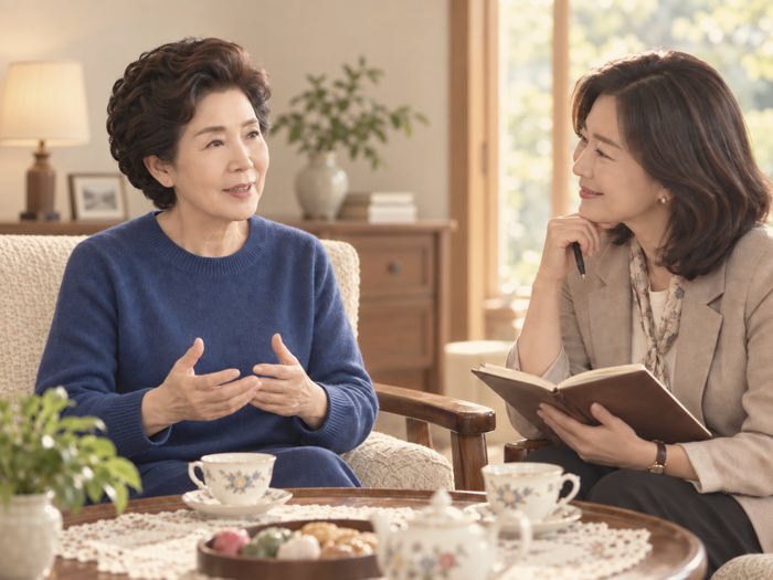 어르신과 마주 앉아 이야기를 듣는 장면